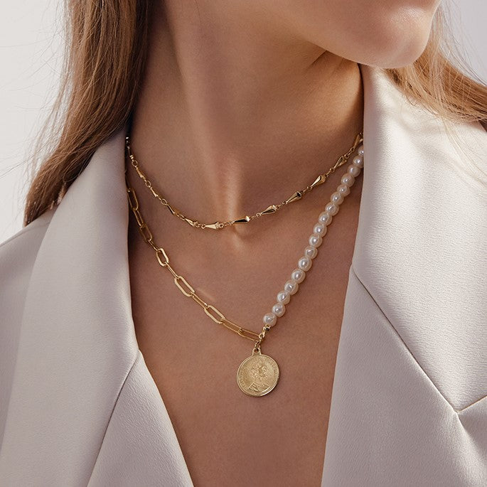 Gold Coin Pearl Charm Layered Necklace