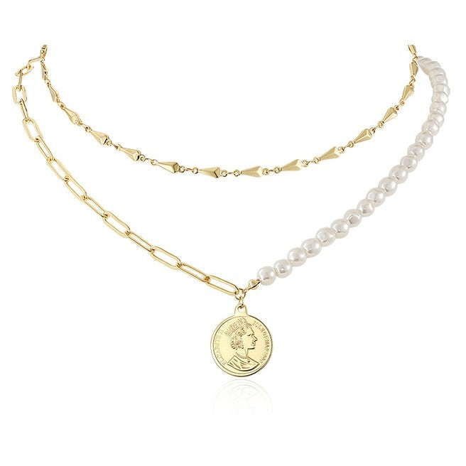 Gold Coin Pearl Charm Layered Necklace