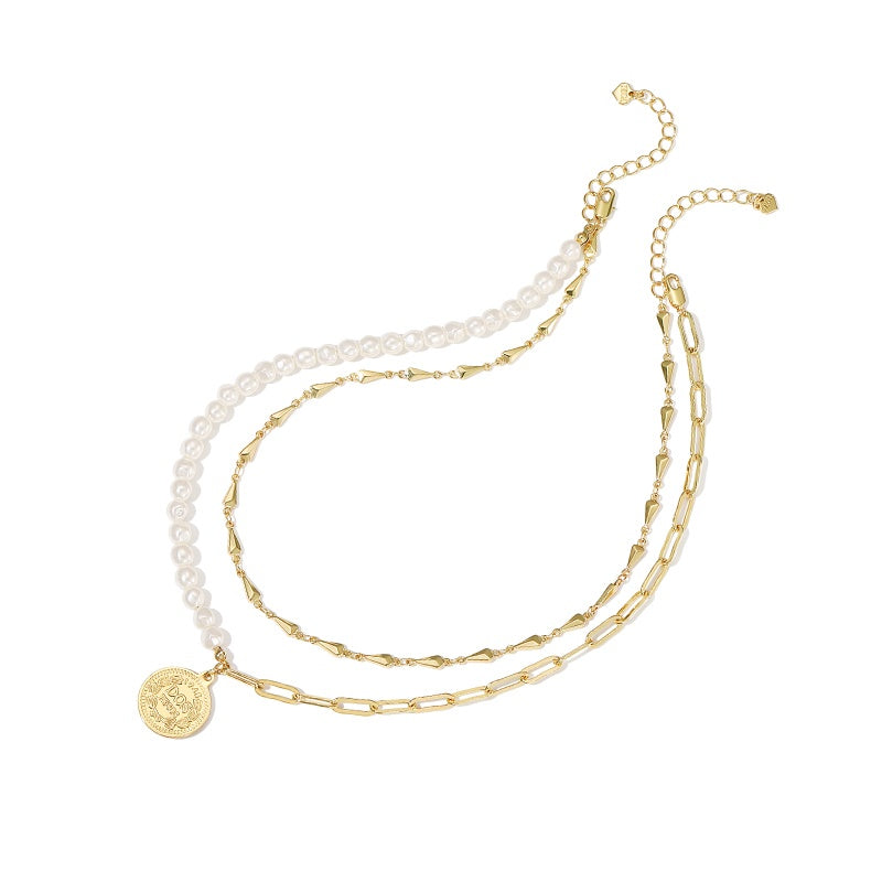 Gold Coin Pearl Charm Layered Necklace