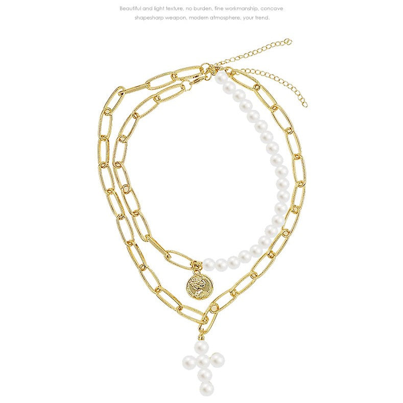 Gold Coin Pearl Charm Layered Necklace