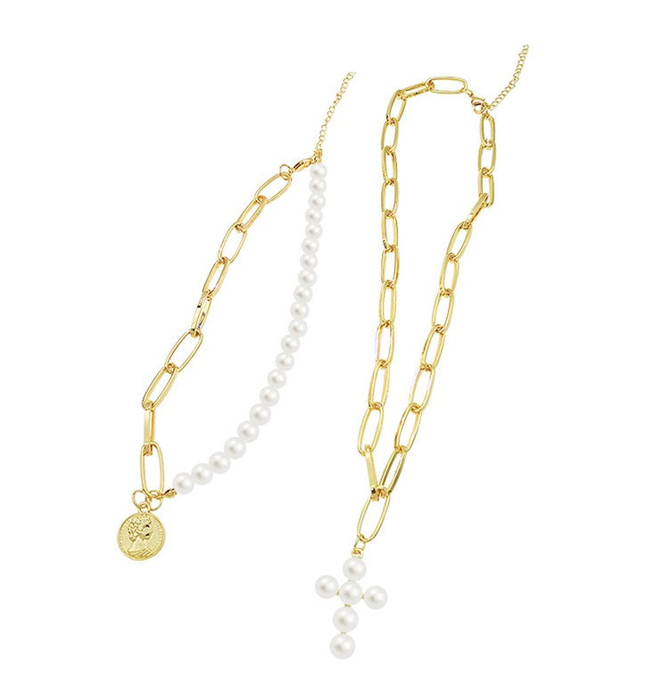 Gold Coin Pearl Charm Layered Necklace