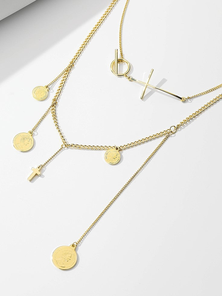 Gold Coin Numeral Charm Layered Necklace