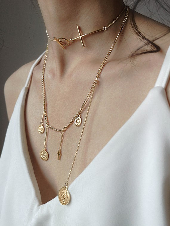 Gold Coin Numeral Charm Layered Necklace