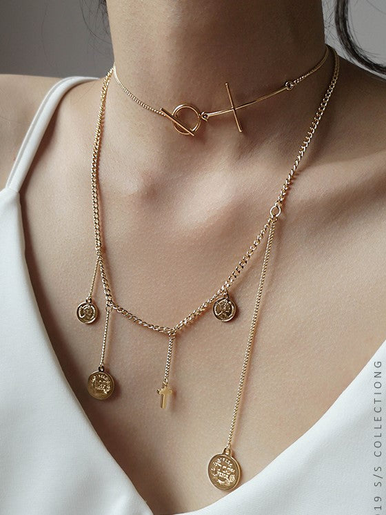Gold Coin Numeral Charm Layered Necklace
