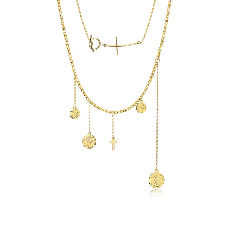 Gold Coin Numeral Charm Layered Necklace