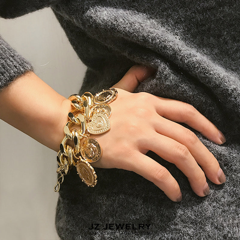 Thick Chain + Gold Coin Bracelet