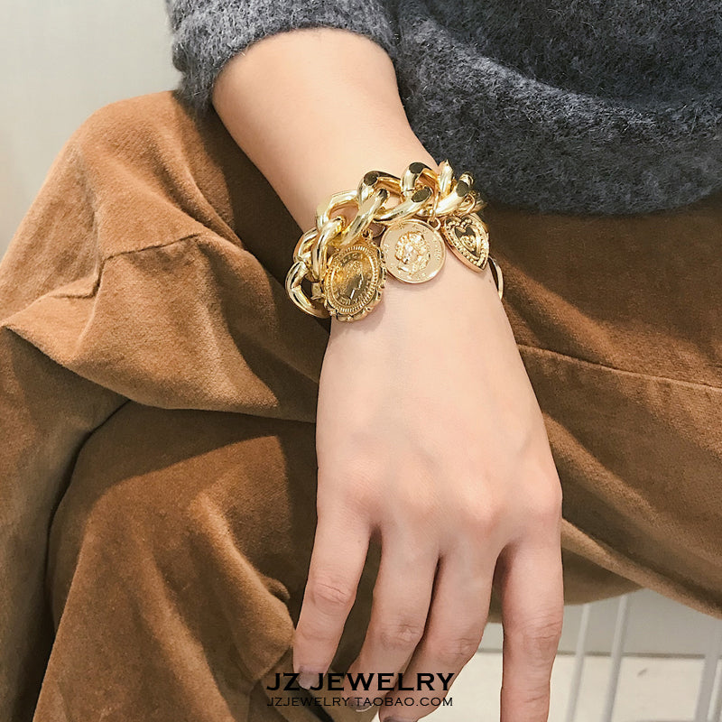 Thick Chain + Gold Coin Bracelet