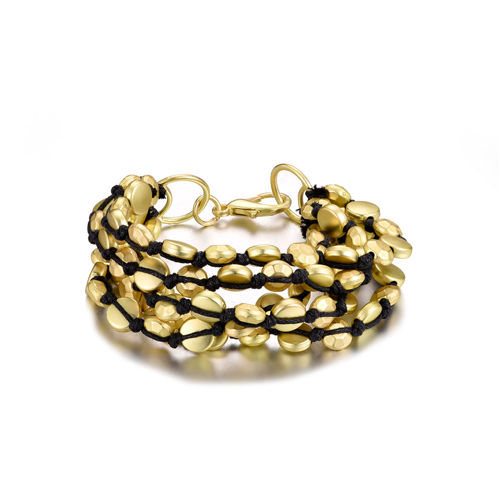 Bracelet in Wax Rope + Zinc Alloy Mix Coated in Matt Gold/ Antique Silver