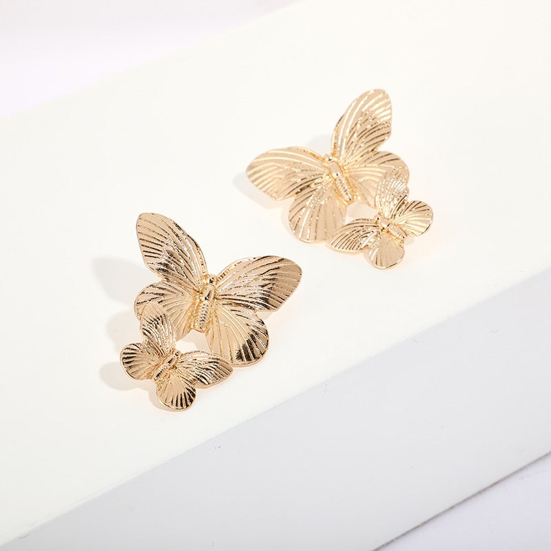 Gold Double Butterfly Stud Earrings